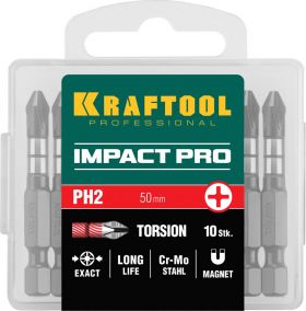 Фото  KRAFTOOL PH2, 50 мм, 10 шт., Cr-Mo сталь, набор бит Impact Pro Philips 26191-2-50-S10