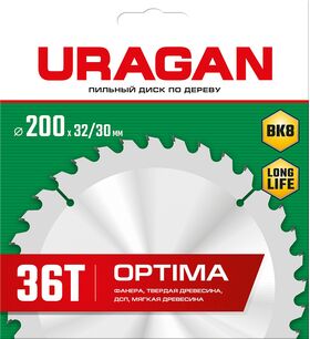 Фото  URAGAN 200 х 32/30 мм, 36Т, диск пильный по дереву Optima 36801-200-32-36_z01