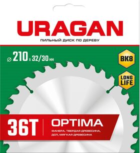 Фото  URAGAN 210 х 32/30 мм, 36Т, диск пильный по дереву Optima 36801-210-32-36_z01