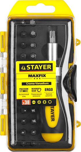 Фото  STAYER 38 шт., отвертка реверсивная с битами MAXFIX 2557-H38